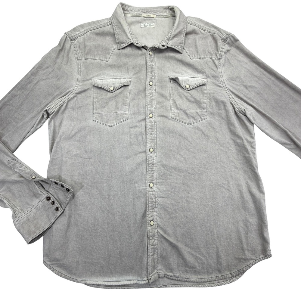 AllSaints Spitalfields Shirt Mens XL Gray Long Sleeve Pearl Snap Button Slim Fit